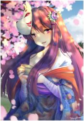 Rule 34 | 1girl, artist name, bandaged arm, bandages, blurry, blurry background, cherry blossoms, commentary, cup, day, doki doki literature club, drinking glass, english commentary, floral print, flower, fox mask, hair between eyes, hair flower, hair ornament, hairclip, hanami, holding, holding cup, japanese clothes, kimono, long hair, looking at viewer, mask, mask on head, off shoulder, outdoors, parted lips, petals, purple eyes, purple hair, smile, solo, takuyarawr, wide sleeves, yuri (doki doki literature club)