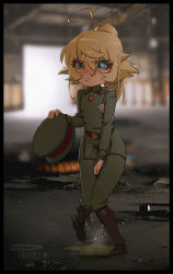 Rule 34 | 1girl, ahoge, artist name, belt, between legs, black border, blonde hair, blue eyes, blurry, blurry background, blush, boots, border, brown footwear, closed mouth, embarrassed, female focus, flat chest, full body, green hat, green jacket, green pants, hand between legs, hand up, hat, have to pee, holding, indoors, jacket, knee boots, knees together feet apart, long sleeves, military, military hat, military jacket, military uniform, motion blur, motion lines, nose blush, pants, peeing, peeing self, phinci, puddle, signature, solo, standing, standing on one leg, steam, tanya degurechaff, turtleneck, uniform, unworn hat, unworn headwear, wet, wet clothes, youjo senki
