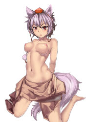 Rule 34 | 1girl, 463 jun, animal ears, barefoot, breasts, collarbone, female focus, hat, hat ribbon, highres, inubashiri momiji, looking at viewer, navel, nipples, open mouth, perky breasts, red eyes, ribbon, short hair, silver hair, simple background, sitting, skirt, solo, tail, tokin hat, topless, touhou, wariza, white background, wolf ears, wolf tail