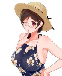 Rule 34 | 1girl, bare shoulders, braid, breasts, brown hair, dress, finger to own chin, floral print, glasses, halter dress, halterneck, hat, large breasts, long hair, one eye closed, red eyes, sasamori tomoe, semi-rimless eyewear, simple background, straw hat, succubus stayed life, upper body, white background