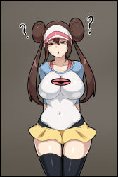 Rule 34 | 1girl, blue shirt, breasts, brown hair, creatures (company), game freak, hair tie, hat, highres, large breasts, long hair, minieon kiugi, nintendo, pink hat, pokemon, pokemon bw2, rosa (pokemon), shirt, skirt, solo, thighhighs, thighs, twintails