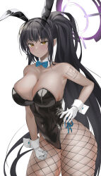Rule 34 | 1girl, absurdres, animal ears, aqua bow, aqua bowtie, arm tattoo, bare shoulders, black hair, black leotard, blue archive, bow, bowtie, breasts, cleavage, collarbone, covered navel, curvy, dark-skinned female, dark skin, detached collar, dlnk, fake animal ears, fishnet pantyhose, fishnets, gloves, halo, hand on own hip, high ponytail, highleg, highleg leotard, highres, karin (blue archive), karin (bunny) (blue archive), large breasts, leotard, long hair, looking at viewer, number tattoo, official alternate costume, pantyhose, playboy bunny, ponytail, rabbit ears, shiny clothes, shiny skin, solo, strapless, strapless leotard, tattoo, very long hair, white gloves, wide hips, yellow eyes