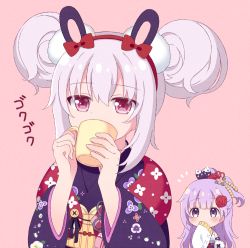 Rule 34 | 2girls, animal ears, azur lane, blush, bow, brown background, commentary request, covered mouth, cup, double bun, floral print, flower, hair bow, hair bun, hair flower, hair ornament, hairband, holding, holding cup, japanese clothes, kimono, laffey (azur lane), laffey (snow rabbit and candy apple) (azur lane), long hair, long sleeves, mug, multiple girls, pink background, pink hair, ponytail, print kimono, purple eyes, purple hair, purple kimono, rabbit ears, red bow, red eyes, red flower, red hairband, red rose, riria (happy strawberry), rose, simple background, single hair bun, sleeves past fingers, sleeves past wrists, translation request, unicorn (azur lane), upper body, white kimono, wide sleeves