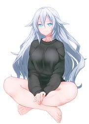 Rule 34 | 1girl, bare legs, barefoot, black heart (neptunia), blush, breasts, feet, greek toe, highres, indian style, large breasts, long hair, neptune (series), noire (neptunia), open clothes, open shirt, shirt, simple background, sitting, smug, solo, symbol-shaped pupils, toes, up (mmmmmmmmss), white background, white hair