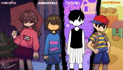 Rule 34 | 2boys, 2girls, :|, absurdres, black eyes, black hair, black legwear, black tank top, blue shirt, blue shorts, braid, brown hair, closed eyes, closed mouth, colored skin, crossover, frisk (undertale), hand on own hip, hat, highres, holding, holding stick, holding umbrella, long hair, long sleeves, looking at viewer, madotsuki, mother (game), mother 2, multiple boys, multiple girls, ness (mother 2), nintendo, omori, omori (omori), pink sweater, red headwear, red skirt, shirt, short hair, short sleeves, shorts, skirt, smile, socks, stick, striped clothes, striped shirt, sweater, tank top, twin braids, umbrella, undertale, white shorts, white skin, xndartsreal, yellow shirt, yume nikki