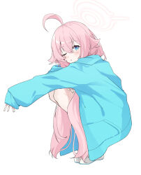 Rule 34 | 1girl, ahoge, blue archive, blue eyes, blue jacket, blush, comorebi, full body, highres, hoshino (blue archive), hoshino (swimsuit) (blue archive), jacket, long hair, long sleeves, one eye closed, open clothes, open jacket, parted lips, pink hair, sandals, simple background, solo, squatting, white background
