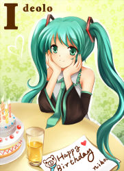 Rule 34 | birthday cake, cake, detached sleeves, food, glasses, green eyes, green hair, happy birthday, hatsune miku, long hair, nikoo, pastry, solo, twintails, vocaloid