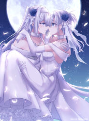 Rule 34 | 2girls, bare shoulders, blue eyes, blue flower, blue rose, breasts, carrying, choker, crying, crying with eyes open, dress, elbow gloves, eye contact, face-to-face, feathers, female focus, flower, frilled dress, frills, full moon, fuyutsuki (kancolle), gloves, grey eyes, grey hair, hair flower, hair ornament, highres, jewelry, kabocha torute, kantai collection, large breasts, long hair, looking at another, matching hair/eyes, moon, multiple girls, necklace, night, night sky, one side up, parted lips, rose, sky, strapless, strapless dress, suzutsuki (kancolle), tears, wedding dress, white choker, white dress, white gloves, yuri