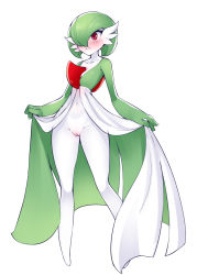 Rule 34 | 1girl, averting eyes, blush, breasts, cleft of venus, closed mouth, collarbone, colored skin, creatures (company), embarrassed, female focus, full body, game freak, gardevoir, gen 3 pokemon, green hair, green skin, hair over one eye, highres, lifted by self, looking to the side, multicolored skin, navel, nintendo, nose blush, pokemon, pokemon (creature), pussy, red eyes, ricegnat, short hair, simple background, small breasts, solo, standing, two-tone skin, uncensored, wavy mouth, white background, white skin