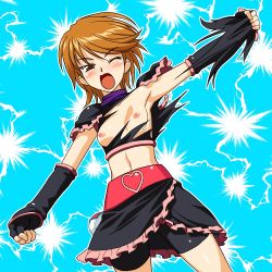 Rule 34 | 00s, 1girl, a1 (initial-g), armpits, bike shorts, blush, breasts, breasts out, brown eyes, brown hair, cure black, fingerless gloves, flat chest, futari wa precure, gloves, magical girl, midriff, misumi nagisa, nipples, no bra, non-web source, one eye closed, open mouth, precure, shirt, short hair, skirt, solo, torn clothes, torn shirt, wink