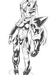 Rule 34 | 1girl, armor, breasts, detached sleeves, facial mark, full body, gem, greyscale, horn ornament, horn ring, horns, long hair, markings, midriff, monochrome, navel, original, pointy ears, small breasts, smile, solo, to-gnaniwa, white background