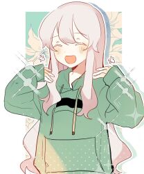 Rule 34 | 1girl, :d, ^ ^, blue background, blush, casual, closed eyes, colored eyelashes, commentary, drawstring, facing viewer, floral background, flower, flower (symbol), green hoodie, hair over shoulder, halftone, hood, hood down, hoodie, kagerou project, kozakura marry, long hair, long sleeves, mekakucity actors, open mouth, otorigg, outline, sleeves past wrists, smile, solo, sparkle, symbol-only commentary, upper body, very long hair, wavy hair, white background, white hair, white outline