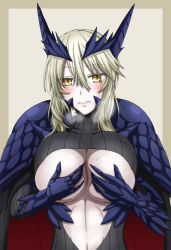 Rule 34 | 1girl, armor, artoria pendragon (fate), artoria pendragon (lancer alter) (fate), blonde hair, blush, breasts, cleavage, fate/grand order, fate (series), frown, hand on own chest, hasebe akira, heavy breathing, highres, huge breasts, navel, nipples, presenting, smile, solo, stomach, sweat, toned, torn clothes, underboob, yellow eyes