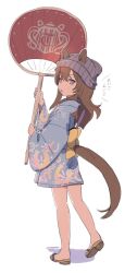Rule 34 | 1girl, animal ears, back bow, beanie, blue kimono, blush, bow, brown hair, colored shadow, commentary request, ears through headwear, full body, hair between eyes, hand up, hat, highres, holding, horse ears, horse girl, horse tail, japanese clothes, kanako (hmybrw), kimono, long hair, long sleeves, looking at viewer, looking to the side, nakayama festa (umamusume), purple eyes, shadow, short kimono, simple background, solo, standing, sweat, tail, translation request, umamusume, white background, wide sleeves, yellow bow