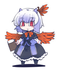 Rule 34 | 1girl, :&gt;, bird wings, black bow, black capelet, black skirt, book, bow, bowtie, capelet, chahan (fried rice0614), closed mouth, full body, head wings, highres, holding, holding book, horns, long sleeves, looking at viewer, multicolored hair, one-hour drawing challenge, purple hair, purple shirt, red bow, red bowtie, red eyes, red wings, shirt, short hair, simple background, single head wing, skirt, smile, solo, standing, tokiko (touhou), touhou, two-tone hair, white background, white hair, wings
