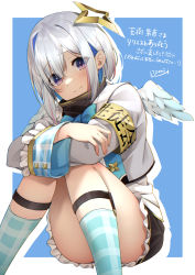 Rule 34 | 1girl, absurdres, amane kanata, armband, black skirt, blue eyes, blue hair, blue socks, blush, closed mouth, colored inner hair, commentary request, commission, crossed arms, eyes visible through hair, feet out of frame, frilled skirt, frills, hair between eyes, halo, highres, hololive, izumi kei, jacket, kneehighs, knees together feet apart, long sleeves, looking at viewer, miniskirt, multicolored hair, pink hair, plaid, plaid legwear, short hair, silver hair, simple background, skeb commission, skirt, smile, socks, solo, star halo, virtual youtuber, white jacket, wide sleeves