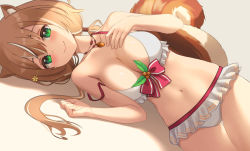 Rule 34 | 1girl, acorn, acorn pendant, alternate costume, animal ears, ayunda risu, bikini, blush, breasts, brown hair, cleavage, closed mouth, commentary, cowboy shot, english commentary, frilled bikini, frills, green eyes, hand on own chest, hololive, hololive indonesia, kangbus, long hair, looking at viewer, lying, medium breasts, multicolored hair, navel, on side, shadow, simple background, smile, solo, squirrel ears, squirrel girl, squirrel tail, stomach, strap slip, streaked hair, swimsuit, tail, twintails, two-tone hair, virtual youtuber, white background, white bikini, white hair