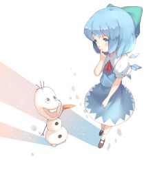 Rule 34 | 1girl, blue eyes, blue hair, bow, buck teeth, carrot, cirno, crossover, dress, finger in own mouth, footprints, frozen (disney), hair bow, ice, ice wings, olaf (frozen), open mouth, puffy sleeves, reeh (yukuri130), smile, snowman, teeth, touhou, white legwear, wings