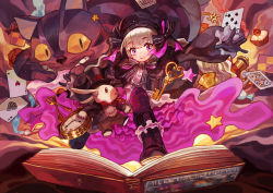 Rule 34 | 1girl, :d, absurdres, beret, black bow, black footwear, black gloves, blunt bangs, book, boots, bow, bowtie, candy, capelet, card, cat, cheshire cat (alice in wonderland), commentary request, cup, cupcake, doll joints, dress, fate/extra, fate/grand order, fate (series), food, fork, frilled boots, frilled dress, frilled sleeves, frills, fur trim, gloves, hat, highres, holding, holding pocket watch, hong da, jacket, joints, key, long hair, long sleeves, looking at viewer, nursery rhyme (fate), open book, open mouth, outstretched arm, pink bow, playing card, pocket watch, purple eyes, rabbit, red neckwear, smile, spoon, star (symbol), striped, striped bow, suit jacket, teacup, teeth, top hat, upper teeth only, watch, wavy hair, white hair, white rabbit (alice in wonderland)