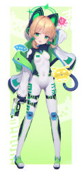 Rule 34 | 1girl, alternate costume, animal ear headphones, animal ears, arm behind head, arm up, black bodysuit, blonde hair, blue archive, blush, bodysuit, bow, breasts, cat ear headphones, cat tail, commentary, covered navel, fake animal ears, fake tail, full body, gloves, green bodysuit, green bow, green eyes, green gloves, green halo, gun, hair bow, halo, handgun, headphones, highres, holding, holding gun, holding weapon, jacket, knee pads, long sleeves, looking at viewer, medium hair, midori (blue archive), multicolored bodysuit, multicolored clothes, open clothes, open jacket, paid reward available, parted lips, puffy long sleeves, puffy sleeves, saebashi, sidelocks, skindentation, small breasts, solo, standing, tail, thigh strap, two-tone gloves, weapon, white bodysuit, white gloves, white jacket