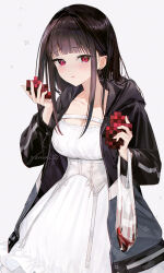 Rule 34 | 1girl, bag, black hair, black jacket, blood, breasts, censored, cleavage, corset, dress, earrings, gomzi, gomzi vampire, heart, jacket, jewelry, large breasts, medium breasts, original, pout, red eyes, solo, tears, vampire, watermark, white background, white dress