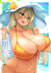 Rule 34 | 1girl, bikini, blue archive, blue sky, breast hold, breasts, brown hair, cloud, collarbone, commentary request, day, flower, green eyes, hair between eyes, hands up, hat, hei (heiyohei), highres, huge breasts, long hair, navel, nonomi (blue archive), nonomi (swimsuit) (blue archive), ocean, open mouth, sky, solo focus, swimsuit, teeth, upper teeth only, white headwear, yellow bikini