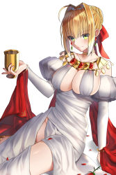 Rule 34 | 1girl, ahoge, bare shoulders, blonde hair, blush, braid, breasts, cleavage, closed mouth, cup, dress, earrings, fate/extra, fate/grand order, fate (series), faton, french braid, green eyes, hair bun, hair intakes, heroic spirit formal dress, highres, jewelry, large breasts, long hair, looking at viewer, necklace, nero claudius (fate), nero claudius (fate) (all), nero claudius (fate/extra), nero claudius (formal dress) (fate), official alternate costume, sash, single hair bun, sitting, smile, solo, thighs, white dress