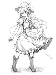 Rule 34 | 1girl, 80isiiii, absurdres, boots, closed mouth, collared shirt, frilled skirt, frills, fruit hat ornament, full body, greyscale, hair between eyes, hat, hat ornament, highres, hinanawi tenshi, holding, holding sword, holding weapon, long hair, monochrome, peach hat ornament, puffy short sleeves, puffy sleeves, shirt, short sleeves, simple background, sketch, skirt, solo, sword, touhou, weapon, white background