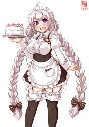 Rule 34 | 1girl, ahoge, alternate costume, apron, artist logo, black dress, black thighhighs, blue eyes, braid, cake, commentary request, cowboy shot, dated, dress, enmaided, food, frilled apron, frills, fruit, garter straps, hair ribbon, highres, juliet sleeves, kanon (kurogane knights), kizuna akari, long hair, long sleeves, maid, maid apron, maid day, maid headdress, open mouth, pastry, puffy sleeves, ribbon, silver hair, simple background, smile, solo, strawberry, thighhighs, twin braids, underbust, voiceroid, waist apron, white apron, white background, white frills