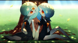 Rule 34 | against tree, alternate color, blue hair, bob cut, colored skin, creatures (company), falling petals, flower, game freak, gardevoir, gen 3 pokemon, grass, hair flower, hair ornament, hair over one eye, holding hands, jewelry, letterboxed, lotosu, necklace, nintendo, on grass, open mouth, orange eyes, petals, pokemon, pokemon (creature), shiny pokemon, smile, tree, tree shade, white skin