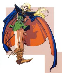 Rule 34 | 1990s (style), 1girl, absurdres, armor, belt, blonde hair, cape, circlet, closed mouth, deedlit, dress, elf, full body, green dress, green eyes, highres, long hair, official art, pointy ears, record of lodoss war, retro artstyle, scan, scan artifacts, short dress, solo, sword, weapon, yuuki nobuteru