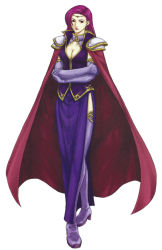 Rule 34 | 1girl, armor, boots, breasts, brunnya (fire emblem), cape, circlet, cleavage, earrings, elbow gloves, fire emblem, fire emblem: the binding blade, gloves, highres, jewelry, kaneda eiji, large breasts, lipstick, long hair, makeup, nintendo, purple eyes, purple hair, side slit, solo, thigh boots, thighhighs