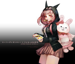 Rule 34 | 1girl, animal ears, bag, black background, black jacket, black thighhighs, blunt bangs, bow, breasts, brown skirt, commentary request, copyright name, cowboy shot, danganronpa (series), danganronpa 2: goodbye despair, ear bow, fantchi, flipped hair, food, food in mouth, hair ornament, hairclip, handheld game console, highres, holding, hood, hoodie, jacket, long hair, long sleeves, looking at viewer, miniskirt, monokuma, monomi (danganronpa), mouth hold, multicolored background, nanami chiaki, pink bow, pink eyes, pink hair, playstation portable, pleated skirt, ribbon, shirt, short hair, skirt, sleeves past wrists, solo, stuffed animal, stuffed toy, thighhighs, thighs, translation request, watermark, web address, white background, zettai ryouiki