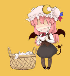 Rule 34 | 1girl, :d, basket, bat wings, blush, borrowed clothes, breasts, chibi, crescent, demon tail, drooling, embodiment of scarlet devil, female focus, female pervert, hat, koakuma, laundry, long hair, necktie, nekohane ryou, no eyes, open mouth, orange background, panties, pantyhose, pantyshot, pervert, red necktie, saliva, simple background, skirt, smelling, smelling clothes, smile, solo, tail, tail wagging, touhou, underwear, upskirt, vest, wings