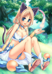 Rule 34 | 1girl, :d, alternate color, animal ears, bangle, blonde hair, blue eyes, bracelet, breasts, cameltoe, cat ears, cat tail, cleavage, collarbone, feathers, feet, front-tie top, halterneck, jewelry, kawagoe pochi, large breasts, long hair, open mouth, ponytail, ragnarok online, sandals, sitting, smile, solo, tail, toes, tree, wanderer (ragnarok online)