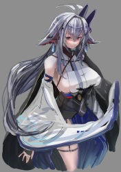 Rule 34 | 1girl, absurdres, ahoge, animal ears, azur lane, bare shoulders, blush, breasts, detached sleeves, fox ears, fox mask, grey hair, hair between eyes, hey taisyou, highres, japanese clothes, large breasts, long hair, looking at viewer, mask, red eyes, side slit, sideboob, solo, thigh strap, thighs, tosa (azur lane), wide sleeves