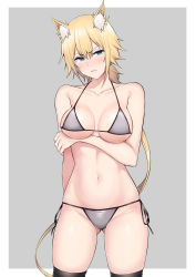 Rule 34 | 1girl, animal ear fluff, animal ears, arm behind back, bare arms, bare shoulders, bikini, black thighhighs, blonde hair, blue eyes, breast hold, breasts, breasts apart, cat ears, cleavage, collarbone, commentary request, cowboy shot, douyara boku no hanayome wa jo kishi-danna yode, embarrassed, frown, gluteal fold, grey background, grey bikini, groin, hair between eyes, halterneck, highres, large breasts, long hair, looking at viewer, low ponytail, navel, nori gorou, parted lips, short hair with long locks, side-tie bikini bottom, simple background, skindentation, solo, standing, stomach, string bikini, swimsuit, thighhighs, thighs, v-shaped eyebrows, very long hair