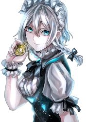 Rule 34 | 1girl, bad id, bad twitter id, black bow, black ribbon, blue eyes, bow, braid, breasts, brooch, commentary request, hair between eyes, hair bow, hand up, highres, holding, holding pocket watch, izayoi sakuya, jan (lightdragoon), jewelry, light particles, looking at viewer, maid headdress, medium breasts, neck ribbon, pocket watch, puffy short sleeves, puffy sleeves, ribbon, short hair, short sleeves, silver hair, simple background, smile, solo, touhou, twin braids, upper body, watch, white background, wrist cuffs