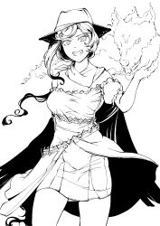 Rule 34 | 1girl, bad id, bad twitter id, bare shoulders, breasts, cleavage, cowboy hat, greyscale, hat, hi you (flying bear), highres, kurokoma saki, looking at viewer, medium hair, monochrome, off shoulder, parted lips, shirt, short sleeves, simple background, skirt, smile, solo, teeth, touhou, wily beast and weakest creature, wings, wolf spirit (touhou)