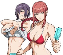 Rule 34 | 2girls, absurdres, bare arms, bare shoulders, bikini, bikini under clothes, black choker, blush, braid, braided ponytail, breasts, chainsaw man, choker, cleavage, clenched teeth, closed mouth, dual wielding, floating hair, food, green eyes, half-closed eyes, highres, holding, holding food, large breasts, long hair, looking at viewer, makima (chainsaw man), medium breasts, melting, mikey pie, multiple girls, navel, orange eyes, popsicle, red bikini, red hair, reze (chainsaw man), ringed eyes, shiny skin, shirt, simple background, stomach, swimsuit, teeth, undressing, upper body, white background, white bikini, white shirt