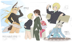 Rule 34 | 3girls, absurdres, animal ears, bird tail, blonde hair, blue eyes, blush, bouquet, brown eyes, brown hair, eila ilmatar juutilainen, erica hartmann, flower, fox ears, fox tail, gertrud barkhorn, hanna-justina marseille, highres, looking at another, military, military uniform, multiple girls, multiple views, purple eyes, rekari (rekari628), strike witches, tail, uniform, white hair, wing ears, witches of africa, world witches series, yuri