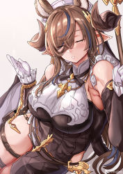Rule 34 | 1girl, animal ears, bare shoulders, black dress, black thighhighs, blush, breasts, brown hair, closed eyes, detached sleeves, dress, extra ears, galleon (granblue fantasy), granblue fantasy, highres, himuro shunsuke, horns, large breasts, long hair, long sleeves, md5 mismatch, pointy ears, solo, thighhighs, very long hair