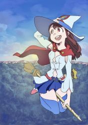 Rule 34 | 1girl, arai hiroki, broom, broom riding, brown hair, cape, cosplay, flying, hat, highres, kagari atsuko, little witch academia, long hair, official style, pleated skirt, shiny chariot, shiny chariot (cosplay), skirt, smile, solo, thighhighs, witch, witch hat
