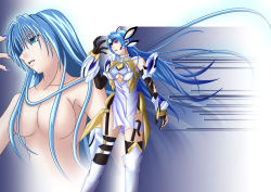 Rule 34 | 00s, 1girl, blue hair, boots, breasts, censored, cleavage, convenient censoring, hair over breasts, kos-mos, namco, pandora (angelfeather-heart), thigh boots, thighhighs, xenosaga