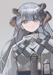 Rule 34 | 1girl, arknights, black choker, chest strap, choker, closed mouth, commentary request, dragon horns, earclip, grey background, highres, horns, id card, long hair, looking at viewer, orange eyes, saria (arknights), shirt, silver hair, simple background, smile, solo, upper body, wanko (realsight), white shirt