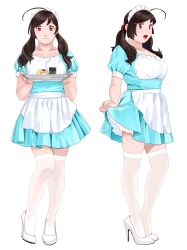 Rule 34 | 1girl, absurdres, ahoge, alternate costume, alternate hairstyle, apron, bad id, bad twitter id, blue dress, brown hair, commentary request, dress, food, full body, hair ornament, hairclip, high heels, highres, kantai collection, long hair, looking at viewer, maid headdress, mamiya (kancolle), multiple views, ojipon, red eyes, simple background, smile, thighhighs, tray, twintails, waist apron, waitress, white apron, white background, white footwear, white thighhighs