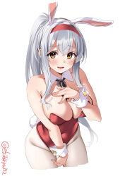 Rule 34 | 1girl, alternate costume, animal ears, bare shoulders, black ribbon, blush, breasts, brown eyes, collarbone, commentary, covered navel, cropped legs, detached collar, ebifurya, fake animal ears, furrowed brow, hairband, hand on own chest, hand up, highleg, highleg leotard, highres, kantai collection, large breasts, leaning forward, leotard, long hair, looking at viewer, neck ribbon, open mouth, pantyhose, playboy bunny, rabbit tail, red hairband, red leotard, ribbon, shoukaku (kancolle), simple background, solo, strapless, strapless leotard, sweatdrop, tail, twitter username, white background, white pantyhose, wrist cuffs