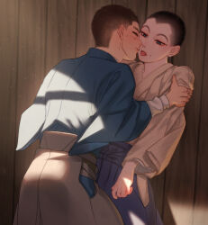 Rule 34 | 2boys, absurdres, against wall, aged down, arm grab, back, black hair, blue eyes, blue hakama, blue kimono, blush, brown hakama, brown kimono, buzz cut, closed eyes, commentary request, cowboy shot, face-to-face, facing another, golden kamuy, hakama, half-closed eyes, hand up, highres, imminent kiss, japanese clothes, kanoko (pattern), kimono, light particles, long sleeves, looking at another, male focus, mole, mole on cheek, multiple boys, profile, reman kamuy, shade, short hair, standing, sunlight, sweatdrop, takagi tomoharu, tongue, tongue out, usami tokishige, very short hair, wall, wide sleeves, window shadow, yaoi