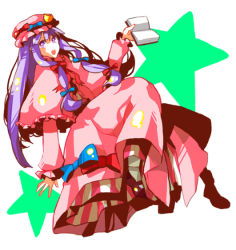 Rule 34 | 1girl, :o, blunt bangs, book, capelet, crescent, crescent hat ornament, dada, dada (dolce), dress, female focus, full body, grimoire, hat, hat ornament, holding, holding book, long hair, long sleeves, mob cap, open book, open mouth, patchouli knowledge, pink dress, reading, shaded face, shoes, simple background, solo, star (symbol), striped clothes, striped dress, touhou, vertical stripes, white background