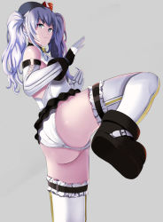 Rule 34 | 1girl, araimooah, ass, bare shoulders, boots, cosplay, dead or alive, detached sleeves, fingerless gloves, gloves, grey eyes, hair ornament, hat, kantai collection, kashima (kancolle), leotard, light smile, long hair, marie rose, marie rose (cosplay), shiny skin, silver hair, smile, solo, thighhighs, twintails